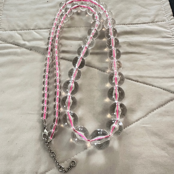 Graduating clear glass bead necklace strung on hot pink string. Lobster clasp - Picture 12 of 13